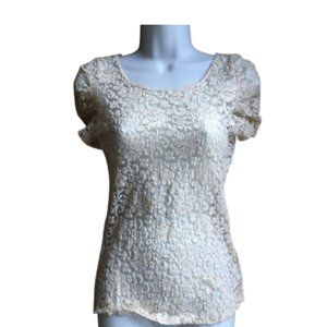 Suzy Shier Short Sleeve Cream Floral Lace Top